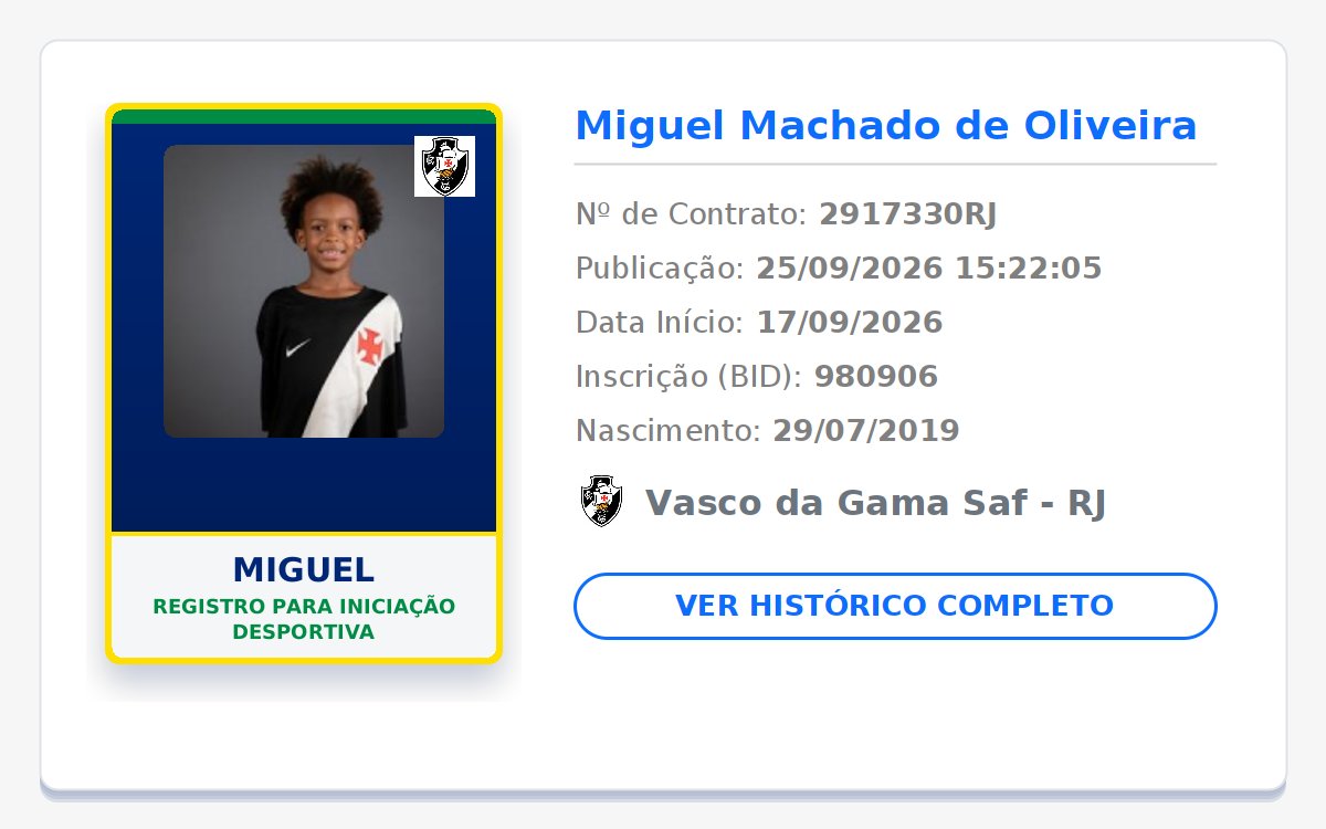 biddovasco's tweet photo. NOVO REGISTRO NO BID! 📝 GIGANTE DA COLINA! 💢⚪⚫

👤 Nome: Miguel
🎂 Nasc.: 29/07/2019
📄 Tipo: Registro para iniciação desportiva
📅 Início: 17/09/2026
🏁 Fim: 31/12/2026

Publicado em: 2026-09-25 15:22:05

#Vasco #VascodaGama #GiganteDaColina https://t.co/aJZLP4Dk8I
