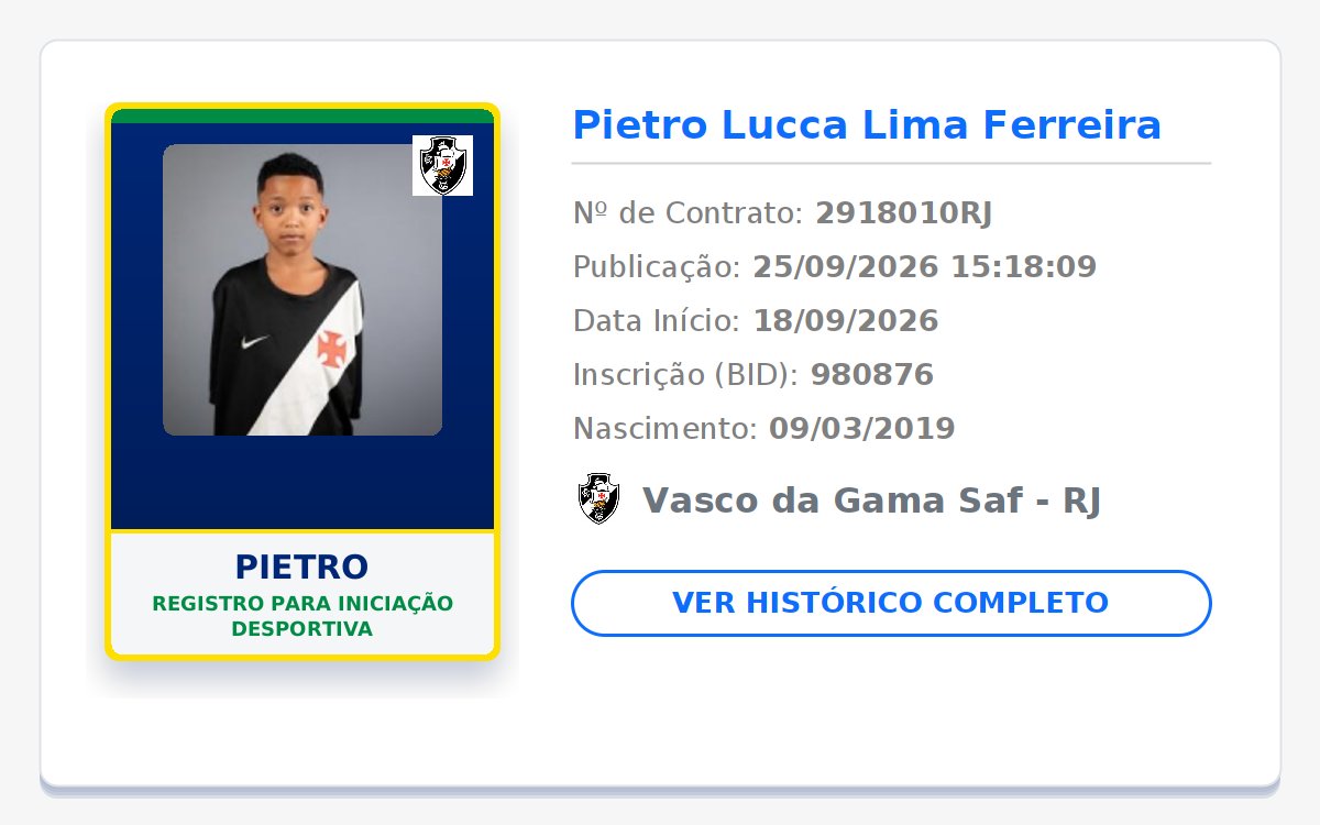 biddovasco's tweet photo. NOVO REGISTRO NO BID! 📝 GIGANTE DA COLINA! 💢⚪⚫

👤 Nome: Pietro
🎂 Nasc.: 09/03/2019
📄 Tipo: Registro para iniciação desportiva
📅 Início: 18/09/2026
🏁 Fim: 31/12/2026

Publicado em: 2026-09-25 15:18:09

#Vasco #VascodaGama #GiganteDaColina https://t.co/bv1H3dq3fw