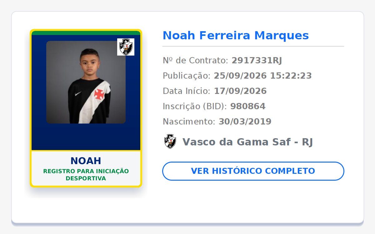 biddovasco's tweet photo. NOVO REGISTRO NO BID! 📝 GIGANTE DA COLINA! 💢⚪⚫

👤 Nome: Noah
🎂 Nasc.: 30/03/2019
📄 Tipo: Registro para iniciação desportiva
📅 Início: 17/09/2026
🏁 Fim: 31/12/2026

Publicado em: 2026-09-25 15:22:23

#Vasco #VascodaGama #GiganteDaColina https://t.co/FsJ8B3KEvD