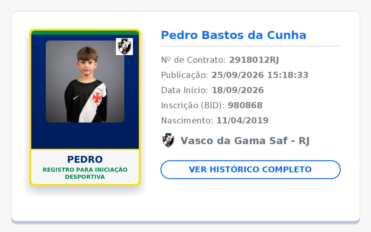 biddovasco's tweet photo. NOVO REGISTRO NO BID! 📝 GIGANTE DA COLINA! 💢⚪⚫

👤 Nome: Pedro
🎂 Nasc.: 11/04/2019
📄 Tipo: Registro para iniciação desportiva
📅 Início: 18/09/2026
🏁 Fim: 31/12/2026

Publicado em: 2026-09-25 15:18:33

#Vasco #VascodaGama #GiganteDaColina https://t.co/UHxrXXTpC0