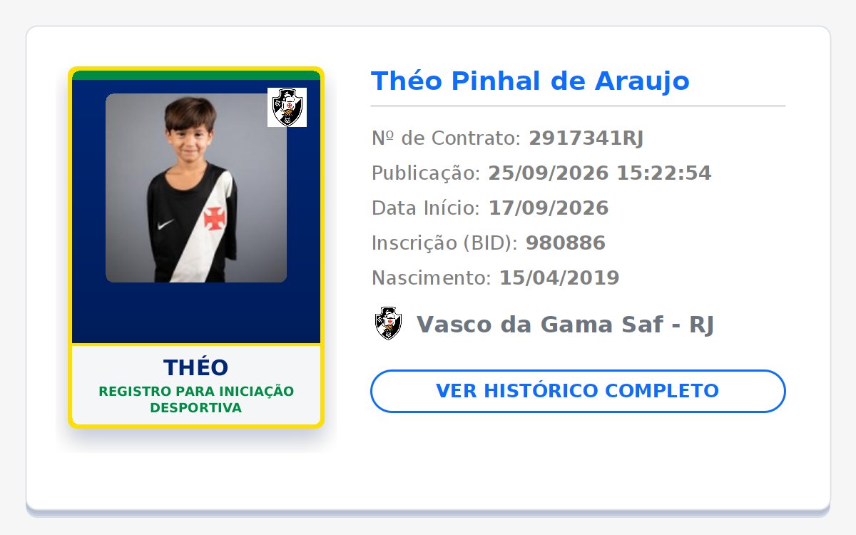 biddovasco's tweet photo. NOVO REGISTRO NO BID! 📝 GIGANTE DA COLINA! 💢⚪⚫

👤 Nome: Théo
🎂 Nasc.: 15/04/2019
📄 Tipo: Registro para iniciação desportiva
📅 Início: 17/09/2026
🏁 Fim: 31/12/2026

Publicado em: 2026-09-25 15:22:54

#Vasco #VascodaGama #GiganteDaColina https://t.co/fmcYk7tnDm