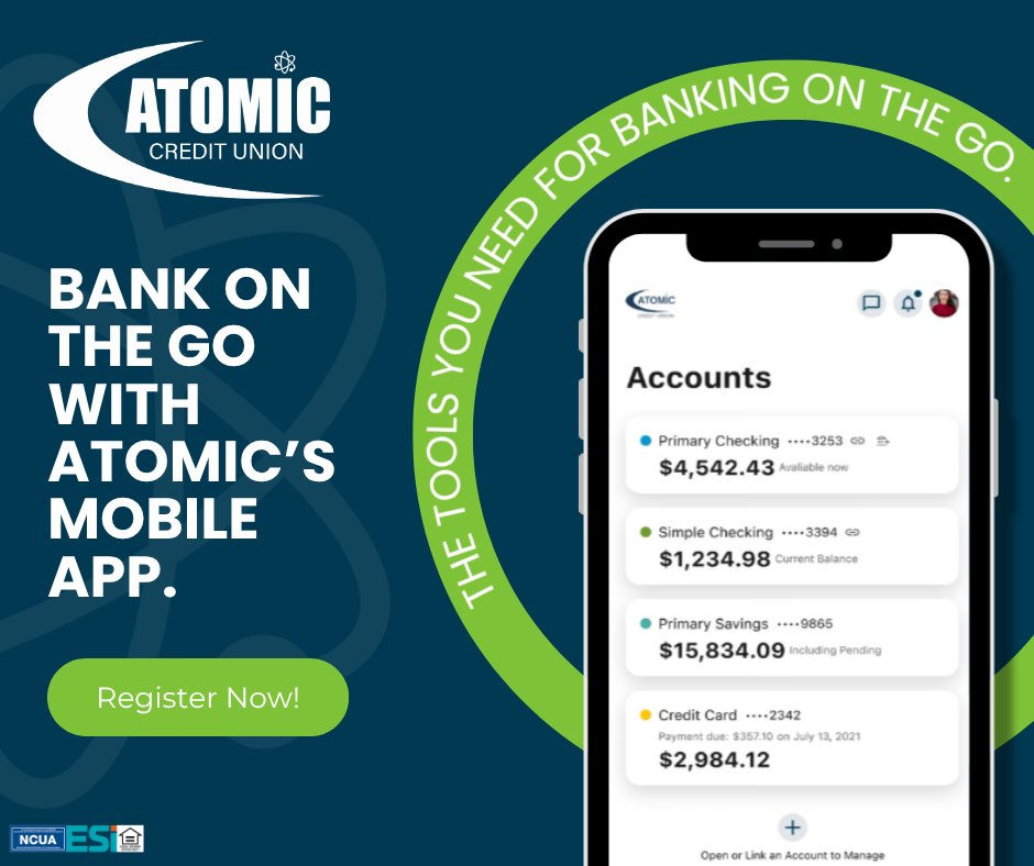 Atomic_CU's tweet photo. 📱💙 Banking on the go just got easier with Atomic’s Mobile App. 

Check balances, transfer funds, deposit checks, pay bills, review recent transactions, and receive account alerts—all from your phone!

Download the FREE app from the App Store or Google Play today!

#ACU4U https://t.co/hlj8M4OMFh
