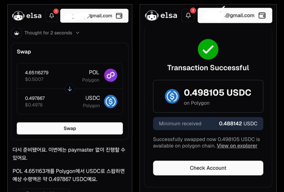 NIscheu's tweet photo. 폴리곤 네트워크 의 pol을 usdc로 스왑해 달라고 주문했는데요. 한국어로도 편하게 대화로 스왑할수있게  예상수령액도 알려주고 진행도 엄청 빠르고 편하게 할수있게 해주네요.

@HeyElsaAI @heyelsa_korea
#HeyElsa https://t.co/JHmSPwY7aR