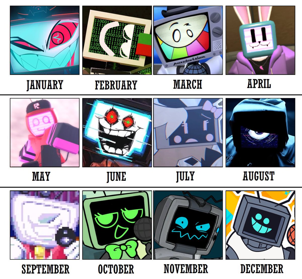 pkfnafsfm's tweet photo. Your birth month, your TV head character V2

#TVHeadCharacter https://t.co/BhaG7meeiU