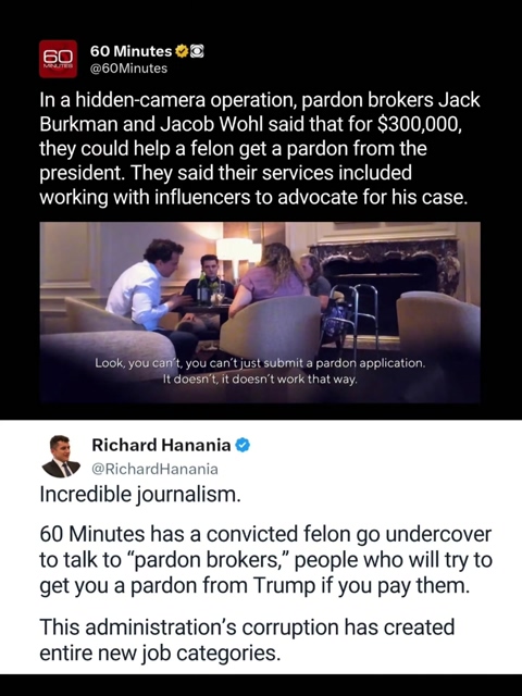 Moosetracks2012's tweet photo. On hidden camera, pardon brokers Jack Burkman and Jacob Wohl told a 60 Minutes source that $300,000 could help a felon get a presidential pardon.  Three hundred grand. Wild. When a pardon has a price tag, justice is a luxury item, and you can't afford it.  #TrumpsCorruptCongress https://t.co/5iRfBbDxN0