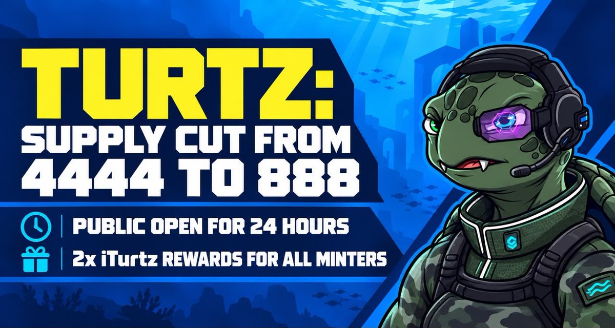 TurtzWTF's tweet photo. Important update to mint.

Supply cut from 4444 to 888

Mint here: https://t.co/jRcFWkZ4tH

Public will remain open for 24 hours

it’s a bit sad all the traits won’t have ample chance to express themselves with this new supply, but turtz must come to fruition!

2x iTurtz rewards for all minters, Smaller supply = Bigger rewards.