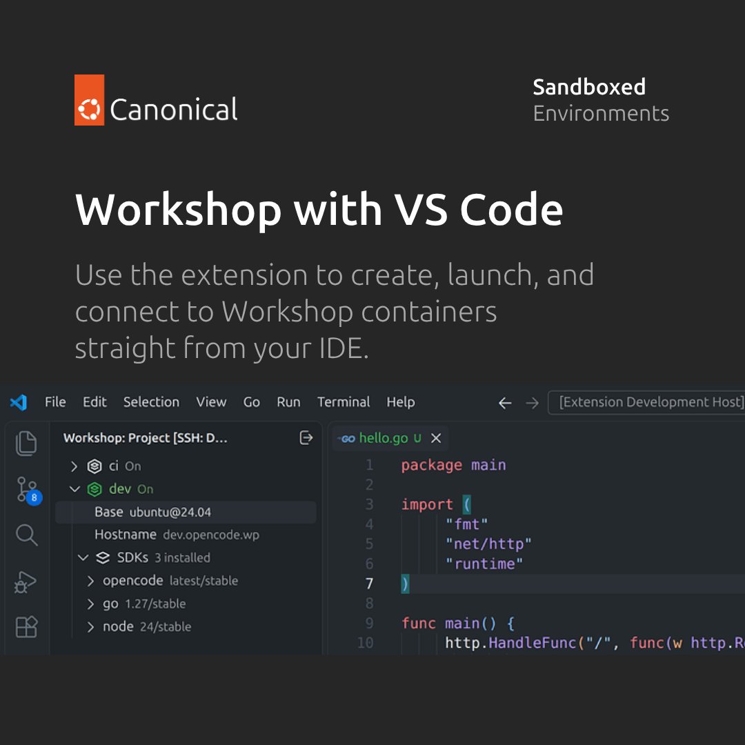 ubuntu's tweet photo. Develop inside Workshop sandboxes without leaving VS Code using the new extension. 

Swipe through the carousel below, and read our blog to learn more: https://t.co/HUzBlPlKqX 

#Ubuntu #Linux #VSCode #OpenSource #Developers #Containers https://t.co/tUIGo7udEN