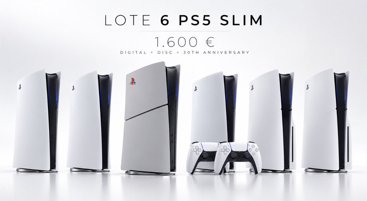 RutaYCapital's tweet photo. 🚨 NUEVO LOTE DE PS5 A 266€ LA UNIDAD

Acabo de sacar un lote de 6 PlayStation 5 Slim por 1.600€.

🎮 1× PS5 Digital Slim 30th Anniversary
🎮 2× PS5 Disc Slim
🎮 1× PS5 Digital Slim + 2 mandos DualSense
🎮 2× PS5 Digital Slim

6 CONSOLAS = 1.600€

Sale a una media de 266,67€ por PS5.

Lo vendo únicamente como lote completo, no separo unidades.

El primero que confirme y pague se lo lleva.