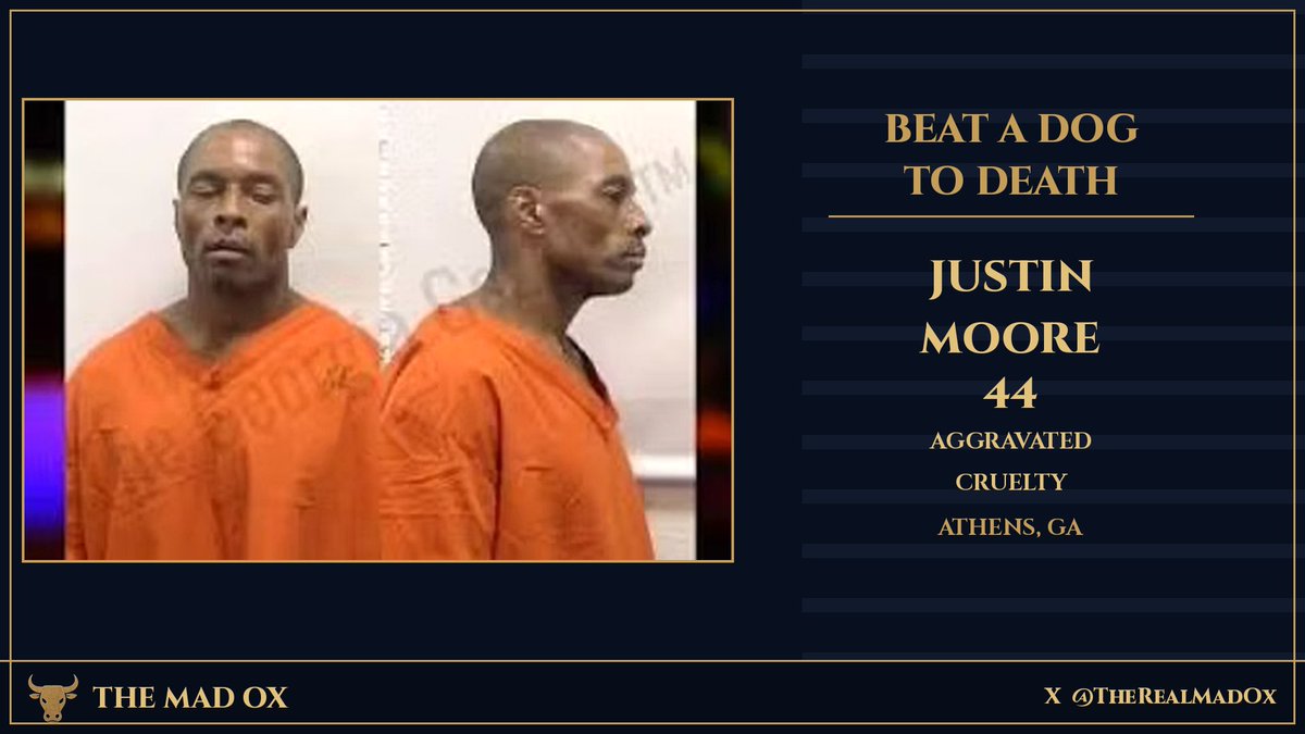 TheRealMadOx's tweet photo. Justin Idelle Moore beat a dog for six minutes on camera. Punches, kicks, stomps, and a drag, until the dog was dead, then dumped the body in the woods.

Athens, Georgia. A UGA police officer reviewing surveillance footage in August found the entire assault caught on camera near Sanford Stadium. The dog's body was later found dumped off River Road. A necropsy documented cuts, missing paw pads, missing fur, bruising, broken blood vessels in the eyes, blood in the mouth, and a possible severe neck injury.

Moore, 44, a convicted felon already banned from owning animals, was arrested on felony aggravated animal cruelty and released on $2,500 bond. Weeks later, Athens-Clarke County Animal Services went to retrieve three more dogs from him, one visibly limping. He's now banned from UGA's campus entirely.

Six minutes of camera footage is all it took to see exactly who he is. This isn't his first conviction involving a child in his care either.

H/t Classic City News