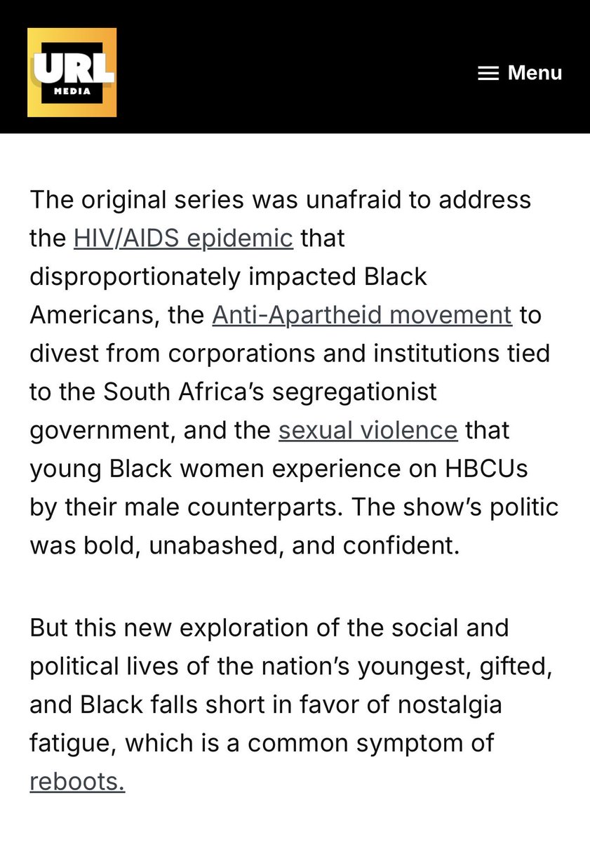 taylorcrumpton's tweet photo. In my #ADifferentWorld review, I draw a comparison between the original series’ willingness to depict the Anti-Apartheid movement that took originated at HBCUs, and the reboot’s decision to not include the current state of HBCU student activism around Cop City, ICE, and Palestine https://t.co/JwmIJnJ6cE