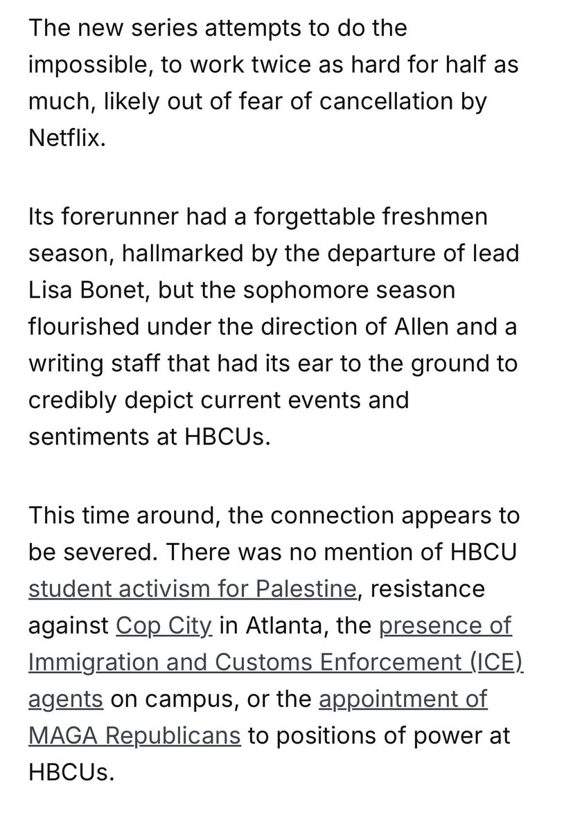 taylorcrumpton's tweet photo. In my #ADifferentWorld review, I draw a comparison between the original series’ willingness to depict the Anti-Apartheid movement that took originated at HBCUs, and the reboot’s decision to not include the current state of HBCU student activism around Cop City, ICE, and Palestine https://t.co/JwmIJnJ6cE