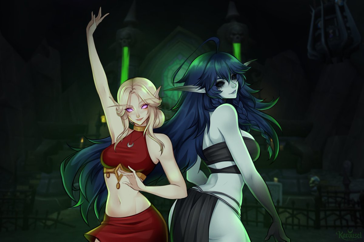 _Karousel_'s tweet photo. The girlies rockin' out to Blight Boar🤘
A little scene from a guild RP outing to the Darkmoon Faire 🖤
#warcraft https://t.co/47Fegdwasb