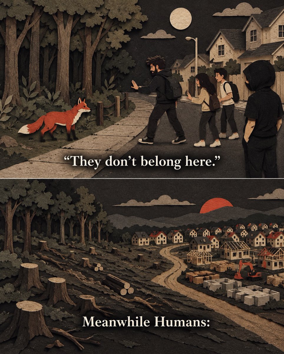 MichaDeninno's tweet photo. We call animals dirty, dangerous, or disruptive, then forget we built cities on their forests, polluted their rivers, and filled oceans with plastic. They’re not invading our world. We built ours inside theirs. https://t.co/NNq3KkbRz3