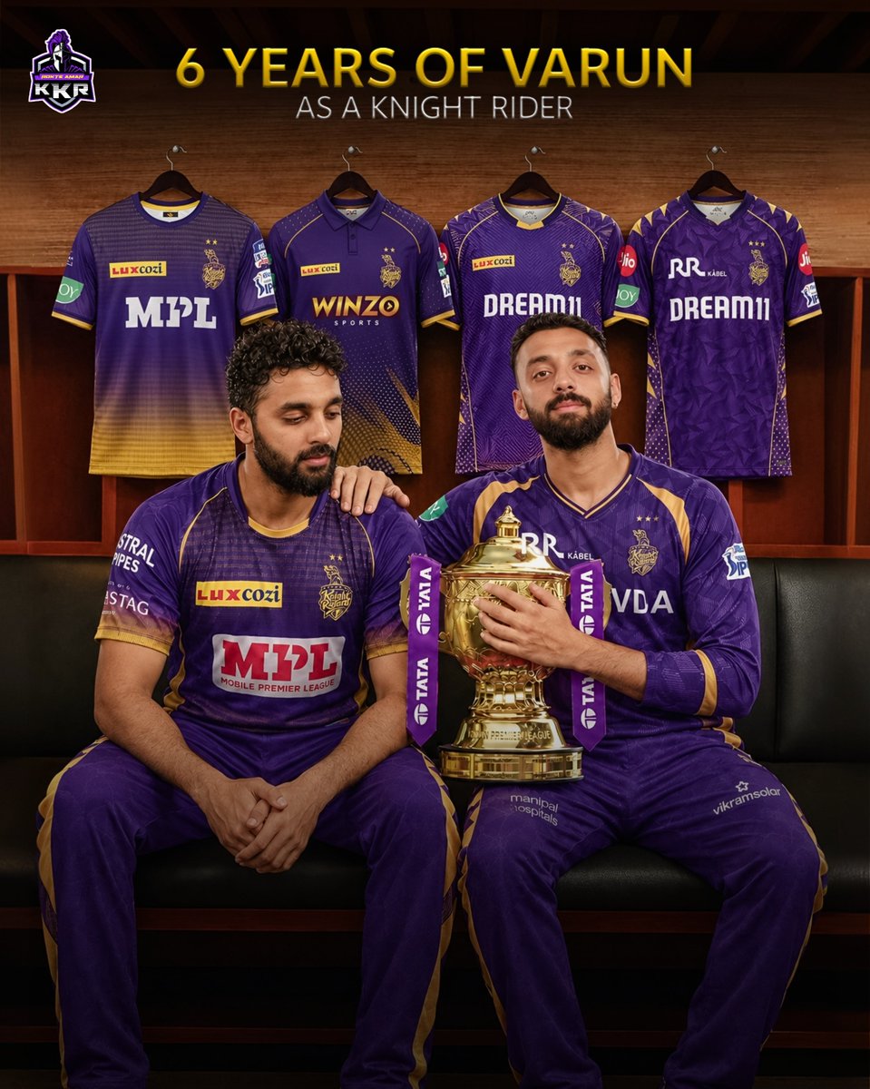 Rokte_Amarr_KKR's tweet photo. 6 YEARS OF MAGIC IN PURPLE &amp; GOLD 💜💛

On this day in 2020, Varun Chakaravarthy made his KKR debut. Six years later, the mystery spinner has become an integral part of our journey. 💜👏

 #6YearsOfVarun https://t.co/KIucDM9lQZ