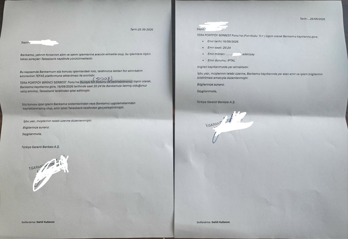 fonunmagdurlari's tweet photo. 🚨GARANTİ BANKASINDAN ISLAK İMZALI VE KAŞELİ RESMİ İTİRAF: "EMRİ TAKASBANK İPTAL ETTİ!"

Takipçimiz Garanti BBVA şubesine giderek resmi kaşeli ve imzalı bu tarihi belgeyi teslim aldı. Belgede banka aynen şunu tescilledi: "16/09/2026 saat 20:24'te Bankamıza iletmiş olduğunuz satış emriniz, Takasbank tarafından (508 koduyla) iptal edilmiştir. İptal işlemi bankamızdan kaynaklanmamış olup, Takasbank tarafından gerçekleştirilmiştir."

İşte resmi belge budur! Vatandaş 17 Eylül seansı açılmadan, 16 Eylül akşamı saat 20:24'te emrini vermiş ama Takasbank bu emri silmiş!

❓PEKİ BU BELGEYİ ALAN ARKADAŞIMIZ VE TÜM MAĞDURLAR ŞİMDİ NE YAPMALI?

1- Bu Belgeyi Asla Kaybetmeyin: Bu kağıt, 6362 sayılı Kanun Madde 79 (Takasın Kesinliği) uyarınca hakem heyetinde, KDK'da ve mahkemede Takasbank ve bankanın sorumluluğunu ispatlayan resmi delildir.

2- Sitemizdeki Şablonlarla Hemen 3 Resmi Başvuru Yapın:

📌CİMER ve SPK Başvurusu: Bu belgenin fotoğrafını ekleyerek "16 Eylül saat 20:24'te verdiğim emrin Takasbank tarafından hukuksuzca iptal edildiği banka kaşesiyle sabittir, 17 Eylül fiyatından ödenmesini talep ediyorum" deyin.
Kamu Denetçiliği Kurumu (KDK / Ombudsmanlık): Sitemizdeki hazır KDK dilekçesine bu belgeyi ekleyip e-Devlet'ten gönderin. KDK, Takasbank'tan bu iptalin hesabını zorunlu olarak soracaktır.
TBB Hakem Heyeti: E-devlet üzerinden Türkiye Bankalar Birliği Hakem Heyeti'ne bu belgeyle başvurun.

3- Tüm Mağdurlara Çağrı: Siz de derhal bankanızın şubesine gidip benzer şekilde "Emrimin tarihini, saatini ve Takasbank iptal gerekçesini belirten imzalı-kaşeli resmi yazı istiyorum" diyerek bu belgeyi alın!

Biz kendi hakkımızı savunmazsak kimse bizim yerimize savunmaz! 

📌CİMER, KDK, SPK, Bankalar, TBB, BDDK, e-Dilekçe ve tüm milletvekillerine tek tıkla şikayet gönderebileceğiniz güncel hazır metinler için platformumuzdaki şikayet sihirbazını kullanın:  https://t.co/uynIzCiE0L 

#tly #thf #tmv #tp2 #pnu #fsu #doh #dfi #TeraMağduriyetiSonBulsun #fonmağdurları #FonMagdurlari #TefasMagdurlari #SPK #MehmetSimsek #TBMM #CIMER #KDK #DDK #FonMağdurları #TEFAS #Takasbank #Fibabanka #akbank #garanti

@55erhanusta
@cevdetakaychp
@spkgovtr
@Takasbank
@memetsimsek
@RTErdogan