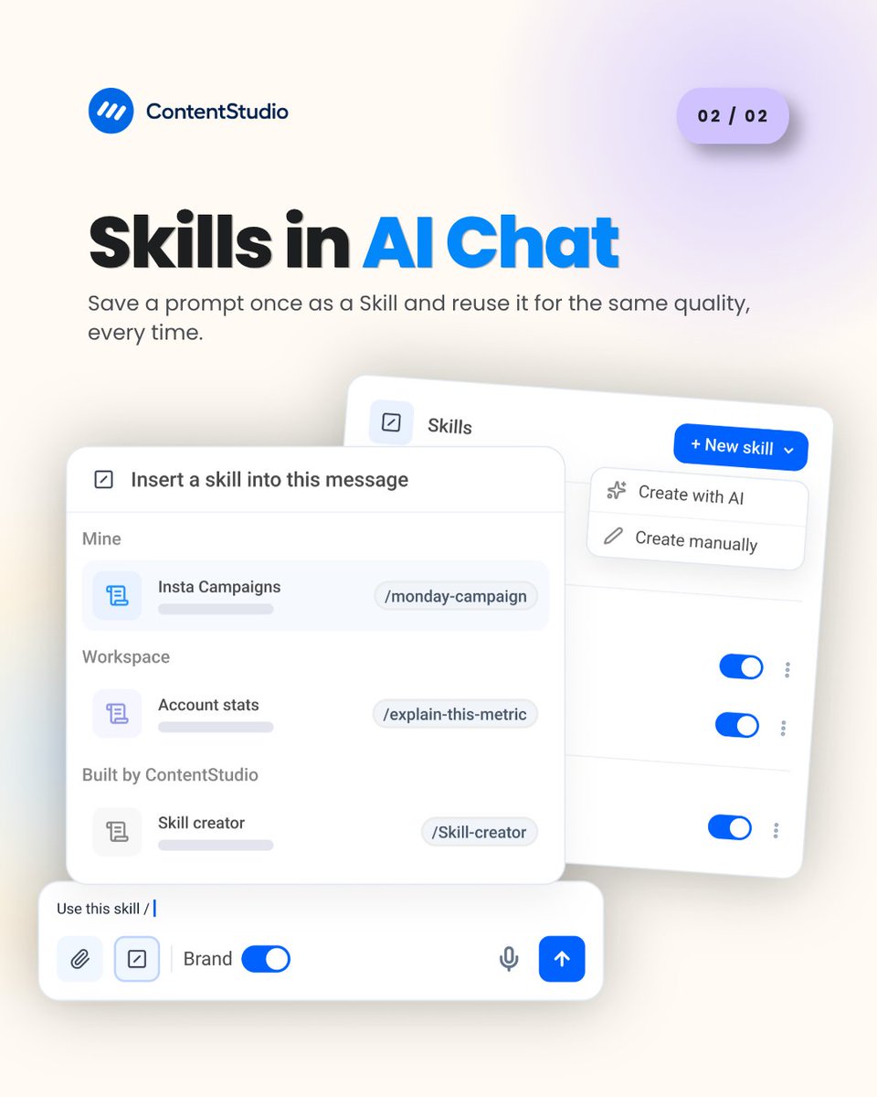 ContentStudioio's tweet photo. Two updates just went live in ContentStudio.

→ YouTube Competitor Analytics: benchmark your channel against competitors on subscribers, views, and cadence, alongside your FB and IG reports.
→ Skills in AI Chat: save a prompt once as a Skill and reuse it for consistent output every time.

Everything in one workspace.

#YouTubeAnalytics #AIContent
