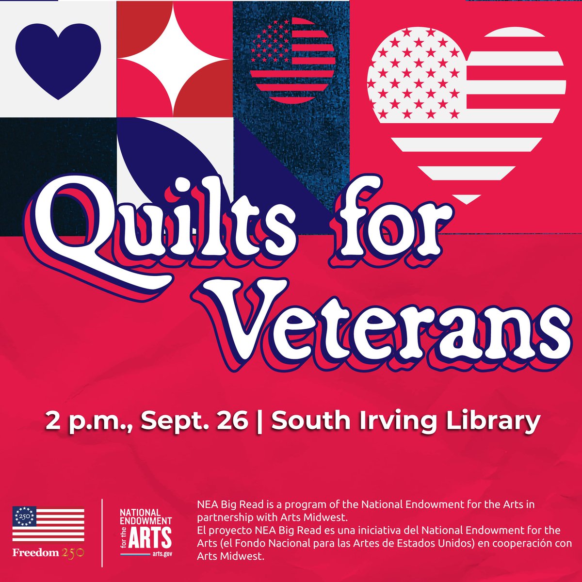 irvinglibrary's tweet photo. Come together as a community and sew fabric blocks to turn into a warm quilt that will be gifted to veterans by the Quilts of Valor organization! 
TOMORROW
2pm, Saturday, Sept. 26 at South Irving Library! 

#IrvingLibrary #NEABigRead #ByGeorgeItsTheBigRead https://t.co/PNWGS3hJjV