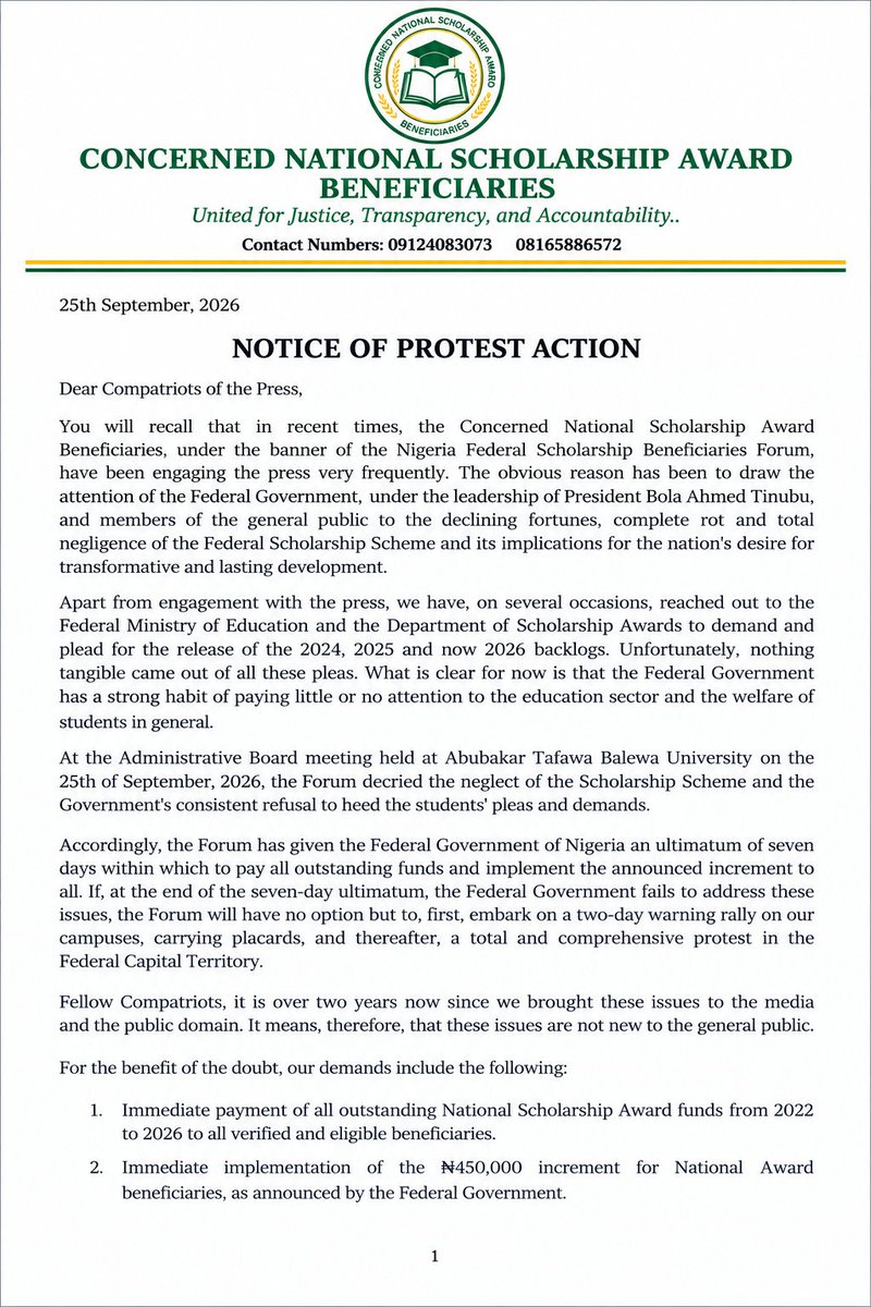 FSBeneficiaries's tweet photo. NOTICE OF PROTEST ACTION

Cc
@DrTunjiAlausa 
@NigEducation 
@NGRPresident 
@NGRSenate 
@nassnigeria 
@atiku 
@PeterObi 
@bashirAhmaad https://t.co/tI3G2WdZXM