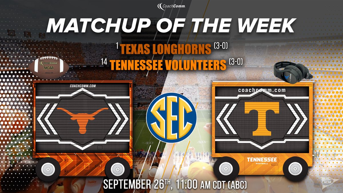 CoachComm's tweet photo. 🏈 MATCHUP OF THE WEEK 🏈

We'll be spotlighting games all season between our #XCart customers!

Tomorrow, @TexasFootball will square off against @Vol_Football at Neyland Stadium tomorrow in an SEC showdown between two top 15 teams!

Who do you have coming out on top?

Comment "HOOK 'EM" for Texas or "GO VOLS" for Tennessee.

@UTexasEquipment | @Vol_Equipment | #ForOurCustomers