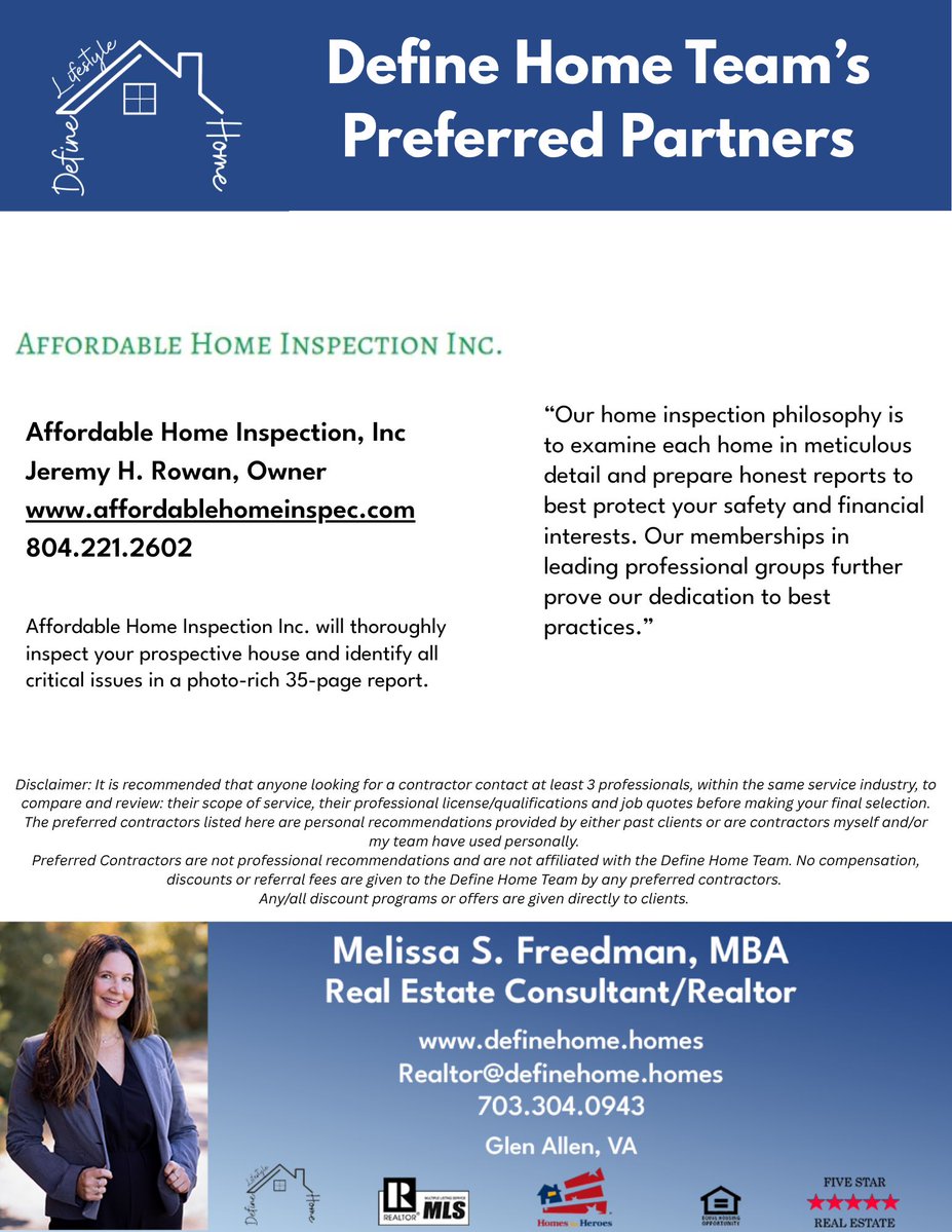 DefineHomes's tweet photo. This week's preferred partner is Affordable Home Inspection Inc! Reach out to Jeremy Rowan to learn more about how they can help with your next home inspection. I only give shout outs to people I've used or who have been highly recommended to me. #rva #rvarealestate https://t.co/dmLP2Ki8N7