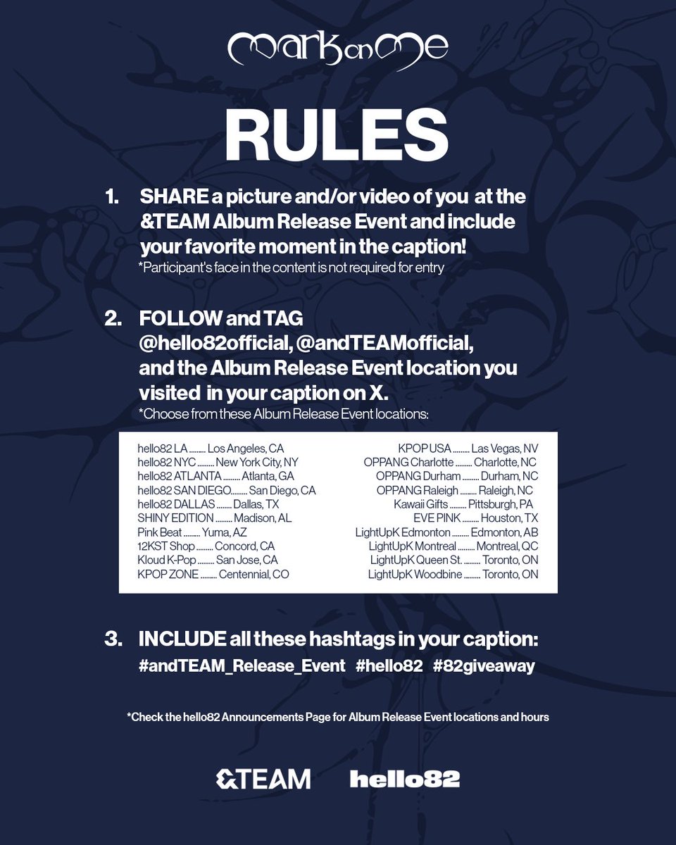 hello82official's tweet photo. &TEAM is always giving LUNÉ a reason to howl 🐺
Find out how to enter the &TEAM Signed Polaroid Giveaway!

Find an Album Release Event near you ⬇️
🔗 https://t.co/8v7UqGwEDe

Entry Period: 9/25 - 9/27
Winner Selection: Starting 9/30

*Event participation is only eligible on Instagram and X
*Winners will be chosen and contacted via DM on Instagram or X
*No purchase necessary

By entering this giveaway, entrants confirm to being 18 years old and are bound by these terms and conditions. No purchase necessary. Additional participating locations and entry opportunities may be announced; see future announcements for details. Any filming or photography involving members of the public must require explicit prior consent before being obtained. We reserve the right to disqualify any entry that violates these requirements; we are not liable for any failure of entries. hello82 is not responsible for any lost, damaged or stolen prize(s). Prizes are non-transferable and/or non-refundable. No cash alternative is available.

@andTEAMofficial 
#andTEAM #앤팀 #MarkonMe #andTEAM_MarkonMe #hello82