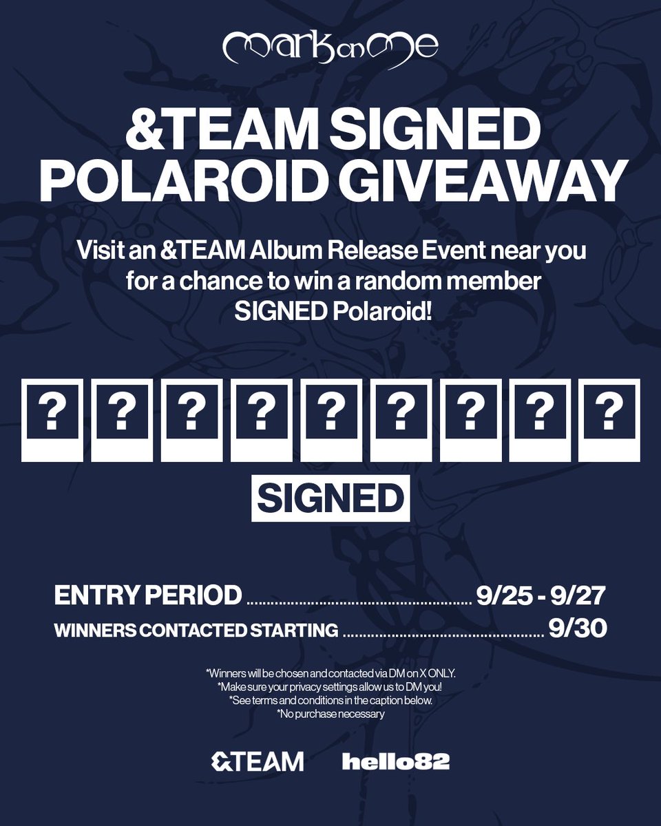 hello82official's tweet photo. &TEAM is always giving LUNÉ a reason to howl 🐺
Find out how to enter the &TEAM Signed Polaroid Giveaway!

Find an Album Release Event near you ⬇️
🔗 https://t.co/8v7UqGwEDe

Entry Period: 9/25 - 9/27
Winner Selection: Starting 9/30

*Event participation is only eligible on Instagram and X
*Winners will be chosen and contacted via DM on Instagram or X
*No purchase necessary

By entering this giveaway, entrants confirm to being 18 years old and are bound by these terms and conditions. No purchase necessary. Additional participating locations and entry opportunities may be announced; see future announcements for details. Any filming or photography involving members of the public must require explicit prior consent before being obtained. We reserve the right to disqualify any entry that violates these requirements; we are not liable for any failure of entries. hello82 is not responsible for any lost, damaged or stolen prize(s). Prizes are non-transferable and/or non-refundable. No cash alternative is available.

@andTEAMofficial 
#andTEAM #앤팀 #MarkonMe #andTEAM_MarkonMe #hello82