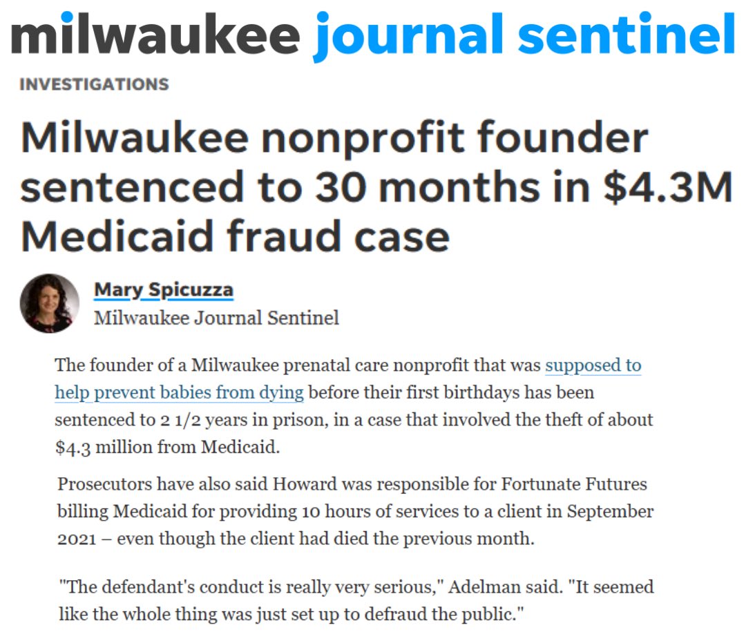RepBryanSteil's tweet photo. 🚨BREAKING🚨 MORE MEDICAID FRAUD IN WISCONSIN: A Milwaukee man has been sentenced for defrauding Medicaid of more than $4.3 million, money meant to "help prevent babies from dying”. Fraud included:
➡️ Inflating Medicaid bills
➡️ Falsifying billing submissions
➡️ Basing claims on false and fraudulent statements
In one case, he billed Medicaid for services for a client that had died the previous month! 🧵 👇