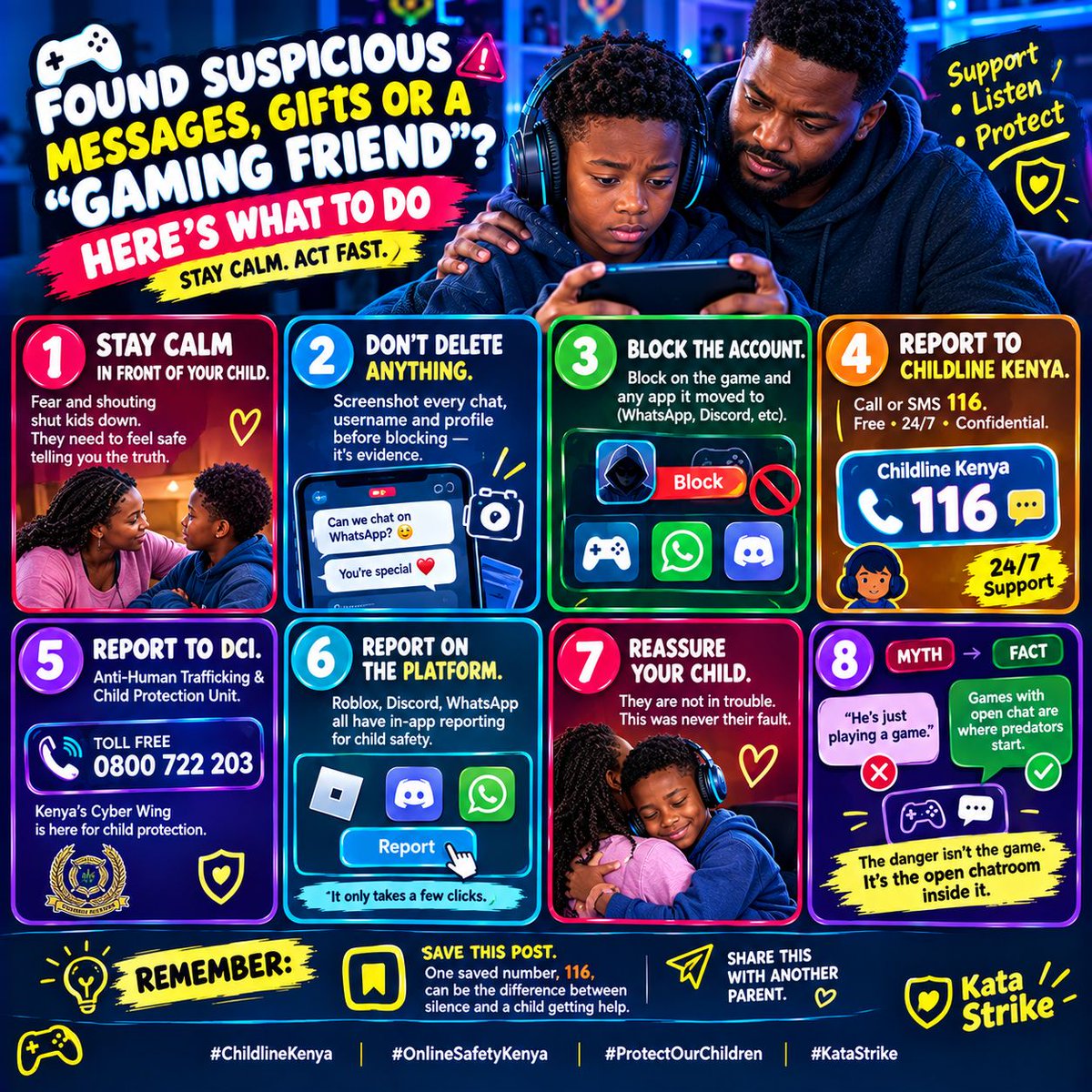xhizo034's tweet photo. Found suspicious chats or gifts? Stay calm. Don’t delete evidence—save screenshots, usernames &amp; profiles, then block/report. Reassure your child: it’s not their fault. In Kenya, call or SMS Childline 116 (free, 24/7, confidential). #ChildlineKenya #OnlineSafetyKenya https://t.co/paRdfxt7cM