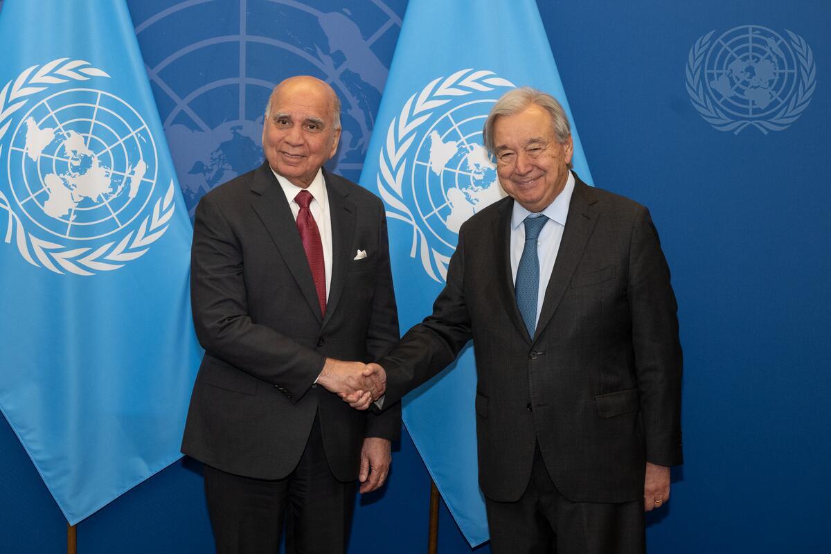 UN_Spokesperson's tweet photo. .@antonioguterres met with Mr. Fuad Mohammad Hussein, Deputy Prime Minister and Minister for Foreign Affairs of the Republic of #Iraq. 

They exchanged views on the regional situation, among other topics.

Full readout: https://t.co/Z3N3CIR3oq

📷UN Photo/Eskinder Debebe https://t.co/B1gcWwBzm9