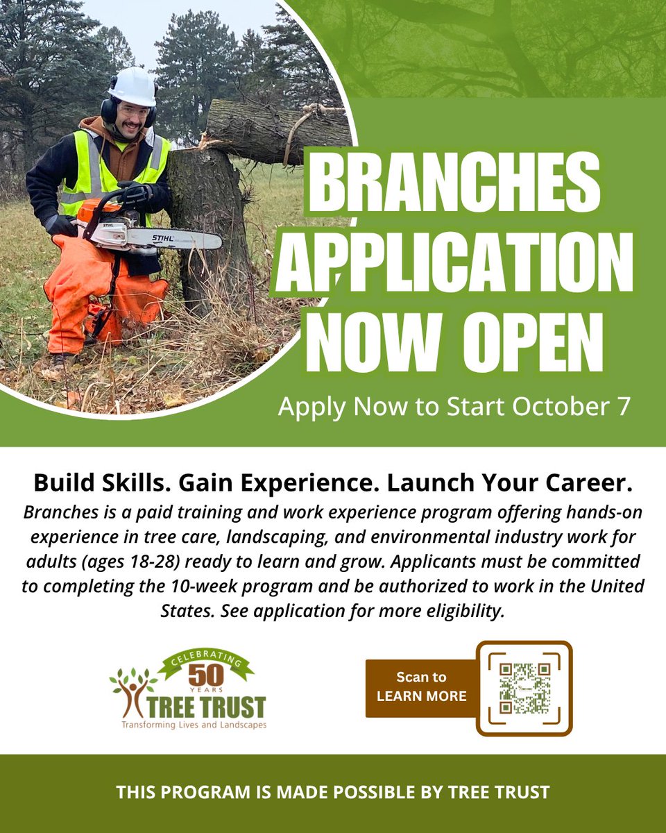 TreeTrust's tweet photo. Applications are open! @TreeTrust is recruiting in the @cityofsaintpaul for our October 7 Branches cohort, and we only have a handful of #PaidTraining spots left for Saint Paul residents interested in careers in #TreeCare and #Landscaping.

Apply now: https://t.co/UZsPS6fMPp  🌳 https://t.co/z9CPzqozgN