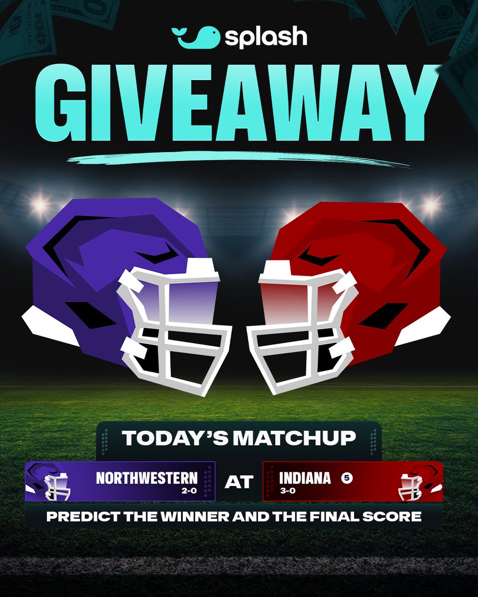splashgameday's tweet photo. 💵 $1,000 QuickPicks Voucher Giveaway! 🏈

We'll split $1,000 in QuickPicks Vouchers between 10 people who correctly predict the winner and score of tonight's NW-IND game 🤝

To enter ⬇️

1. Follow @splashgameday ☑️
2. Like & repost this post 🩵
3. Comment your score prediction for the game 💬