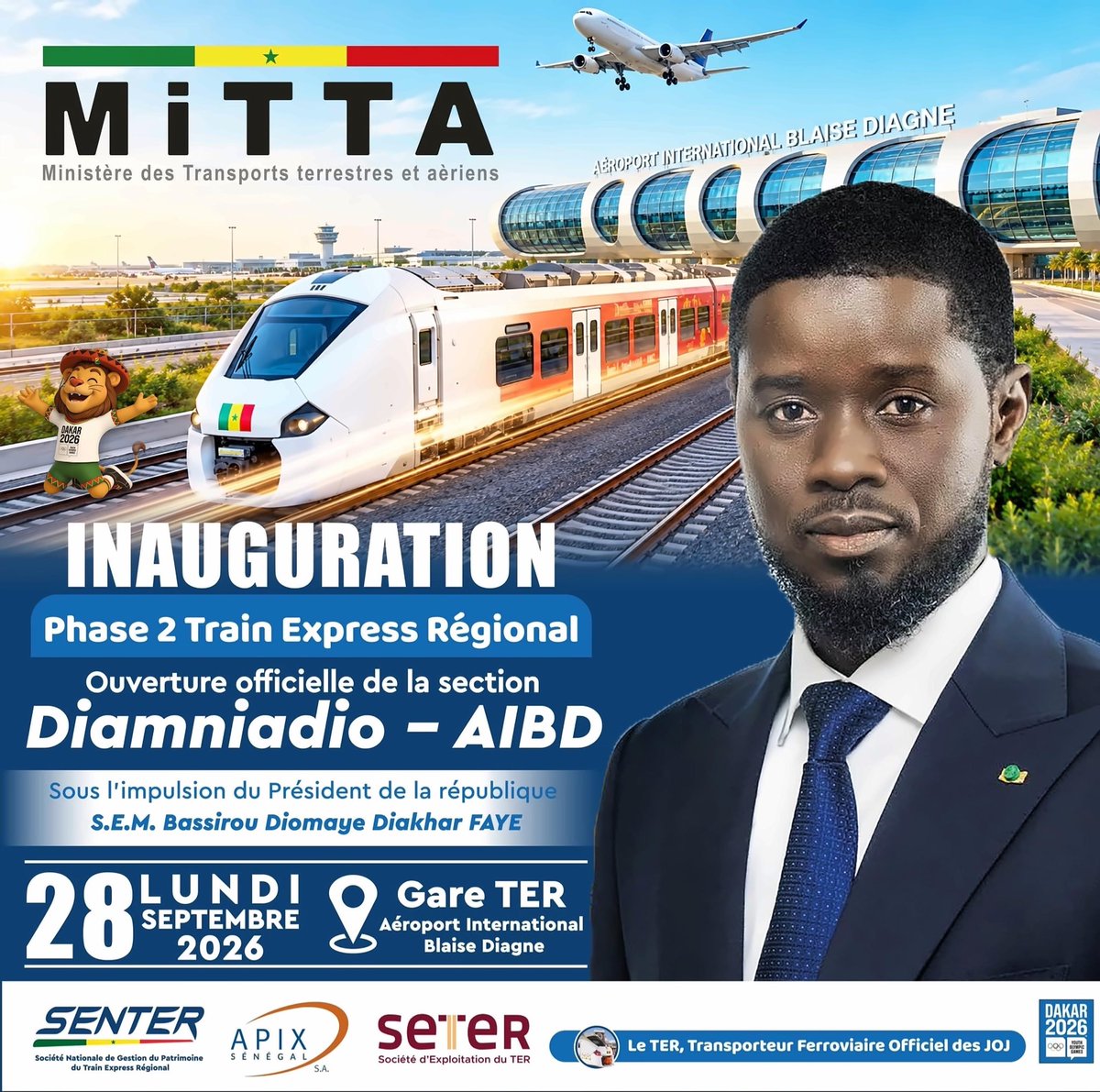 sn_ads_sa's tweet photo. Train Express Régional : la section Diamniadio–AIBD ouvre ses portes ce lundi 28 septembre 2026
Le TER, votre trait d’union entre Dakar et le monde !
#TERSénégal #MITTA #APIX #SENTER #SETER #DAKARAIBD #DiamniadioAIBD #MiseEnService #JOJDakar2026 #MobilitéUrbaine https://t.co/QAIAokKETH