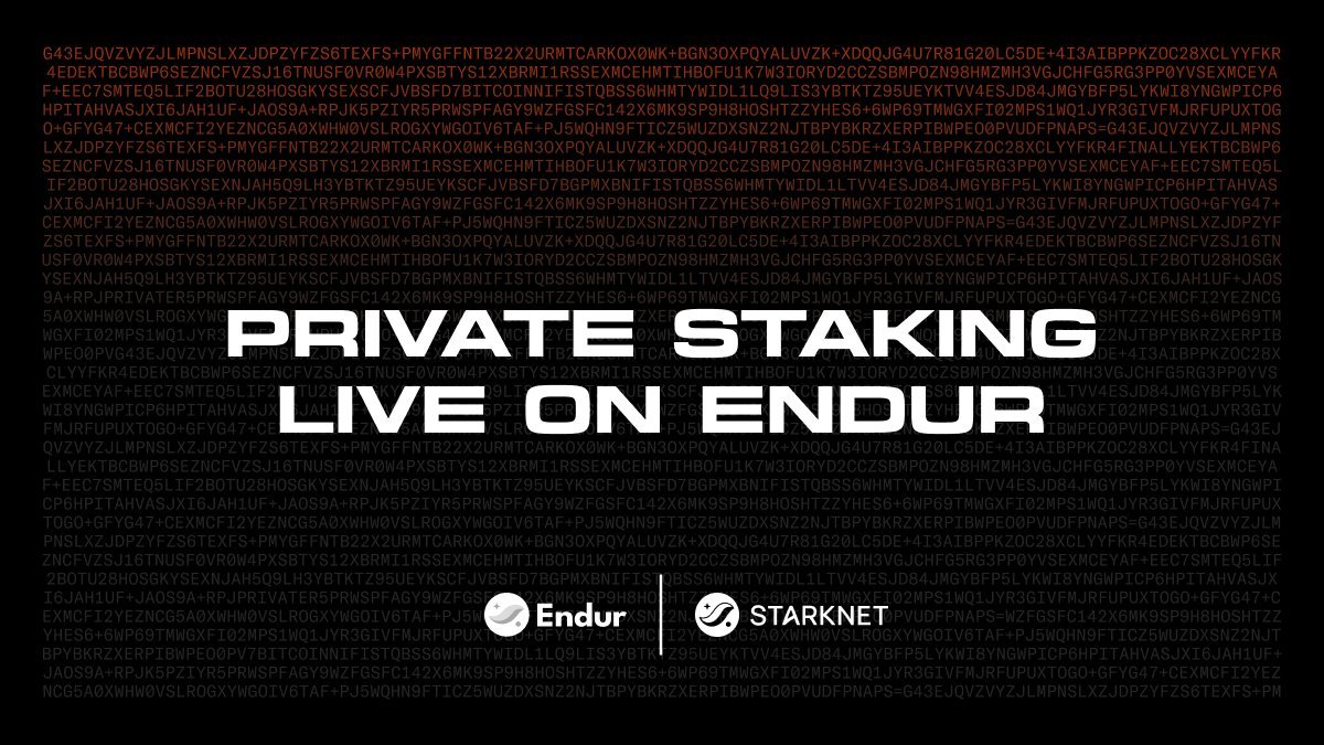 Starknet's tweet photo. Stake shielded Bitcoin and earn rewards privately.

Last month, @EndurFi launched private liquid staking for strkBTC and STRK, built on Starknet.

Here’s how it works. 🧵 https://t.co/LKl0tDj86k