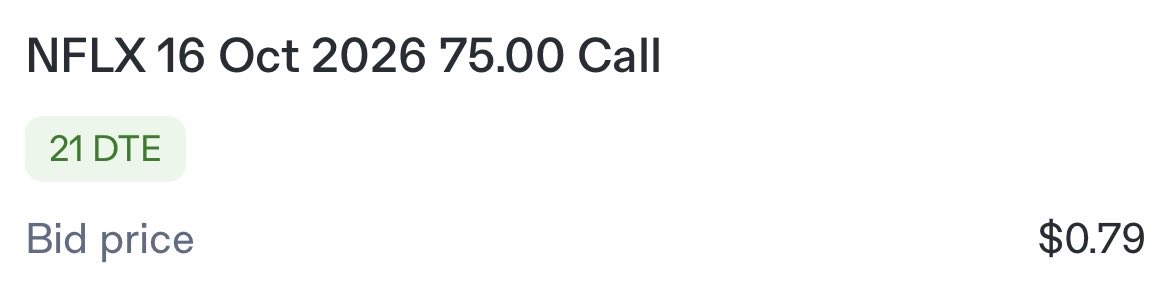 SirBaronPhoenix's tweet photo. $NFLX | $0.83’den 21 gun vadeli 75 strike Netflix Call pozisyonu aldim. Uzun zamandir yogunluktan bakamiyordum fakat Netflix cok guzel seviyelerde gorunuyor. https://t.co/5aQTM5PtgE