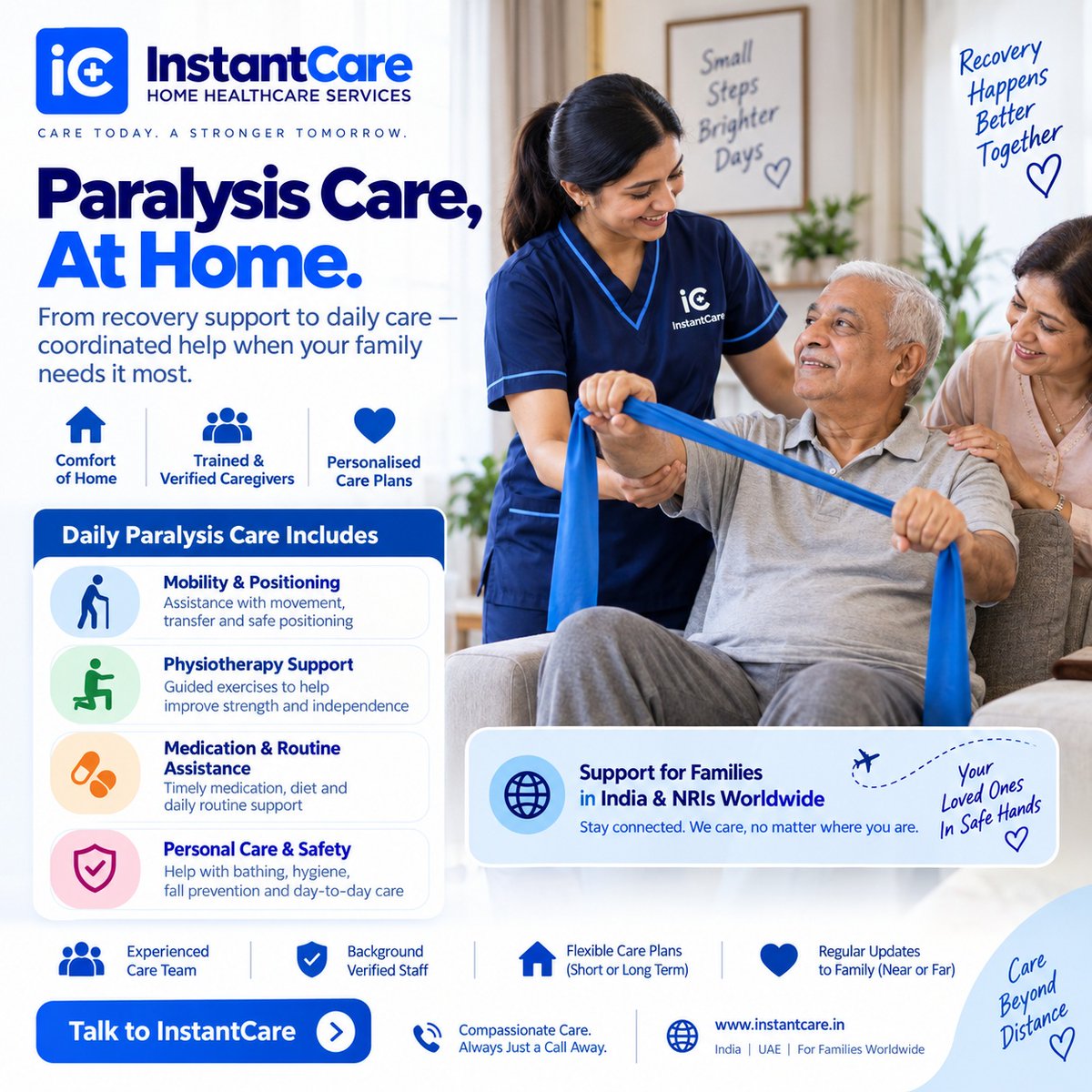 JoeKatzen2mkb's tweet photo. Paralysis care, at home. Recovery can be challenging, but your loved one doesn’t have to face it alone. InstantCare provides coordinated support for mobility, physiotherapy, medication, personal care, safety and family updates—wherever you are. https://t.co/R8hFQAMX61