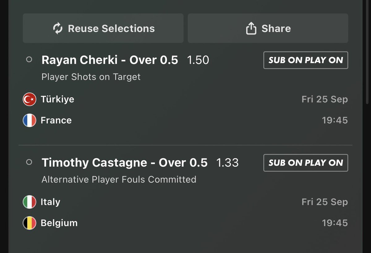 FootieNBAHorses's tweet photo. Smashed it last night on the Crossmatch, fancy another? 

Castagne fouls committed for 🇧🇪:

0, 2, 4, 0, 1, 3, 2, 1, 0, 2 
(1+ in 7/10 & 2+ 5/10)

This season Castagne is committing 1.62 fouls p/90 & is up against Cambiaghi who is averaging 3.97 fouls won p/90 (2+ in 17/20)

Rayan Cherki SOT for 🇫🇷:

3, 2, 0, 1, 2, 1, 4, 3, 2, 1 
(1+ in 9/10 & 2+ 6/10)

This season Cherki is averaging 2.57 SOT p/90: 2, 3, 0, 2, 1, 3

If odds have shifted slightly I'd add over 0 goals & over 0 cards in the Turkey vs France game

I'll be playing the 2+ as singles for Cherki & Castagne 👊

https://t.co/k8XZrqjWpm

Stats from @StatsHubCom