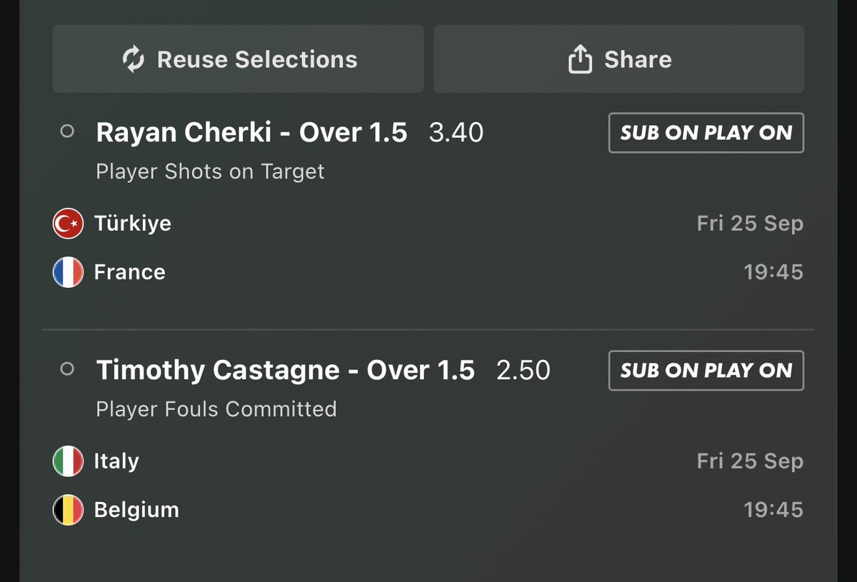 FootieNBAHorses's tweet photo. Smashed it last night on the Crossmatch, fancy another? 

Castagne fouls committed for 🇧🇪:

0, 2, 4, 0, 1, 3, 2, 1, 0, 2 
(1+ in 7/10 & 2+ 5/10)

This season Castagne is committing 1.62 fouls p/90 & is up against Cambiaghi who is averaging 3.97 fouls won p/90 (2+ in 17/20)

Rayan Cherki SOT for 🇫🇷:

3, 2, 0, 1, 2, 1, 4, 3, 2, 1 
(1+ in 9/10 & 2+ 6/10)

This season Cherki is averaging 2.57 SOT p/90: 2, 3, 0, 2, 1, 3

If odds have shifted slightly I'd add over 0 goals & over 0 cards in the Turkey vs France game

I'll be playing the 2+ as singles for Cherki & Castagne 👊

https://t.co/k8XZrqjWpm

Stats from @StatsHubCom