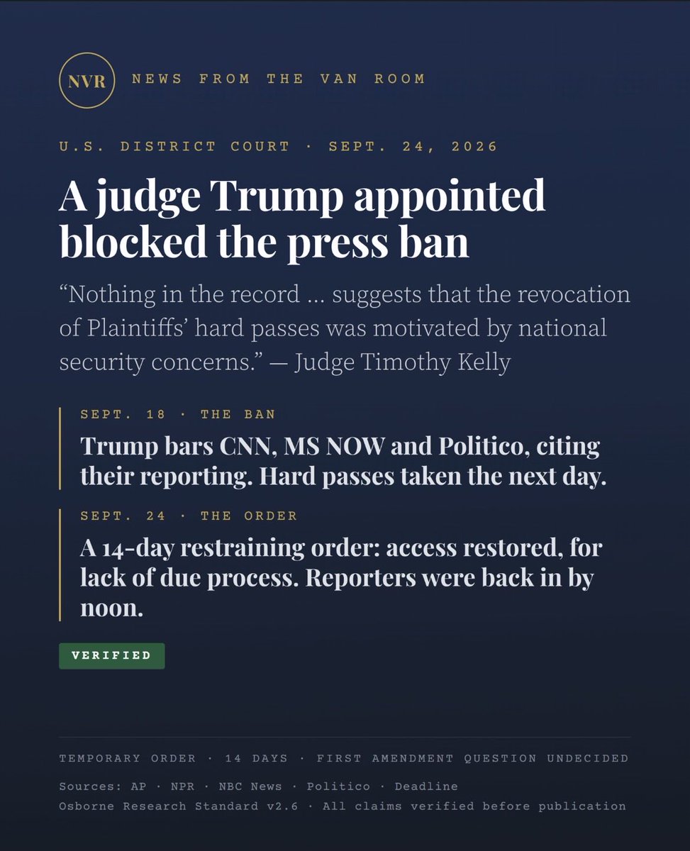 NVRTips's tweet photo. A judge Trump appointed blocked the ban on CNN, MS NOW and Politico, finding no due process and no record of a national security motive. Access was restored Thursday. The order lasts 14 days.

Full story: https://t.co/TsgZKCz3jv

#PressFreedom https://t.co/MSI1yrSESy