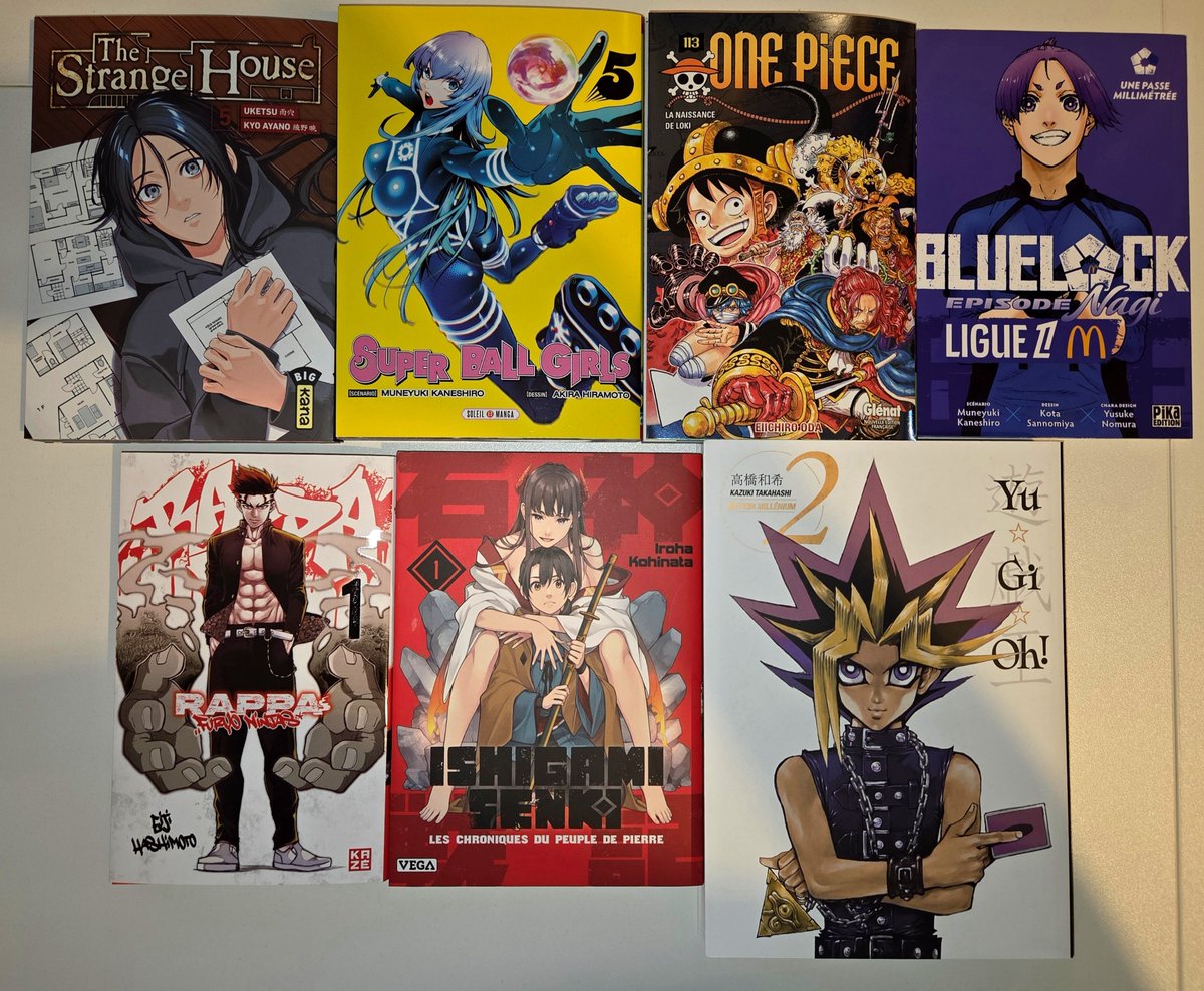Sharkhayn's tweet photo. Manga du jour !
#TheStrangeHouse #SuperBallGirls #OnePiece #Rappa #IshigamiSenki #YuGiOh et #BlueLockMcDo ! https://t.co/jwjYtneDkA