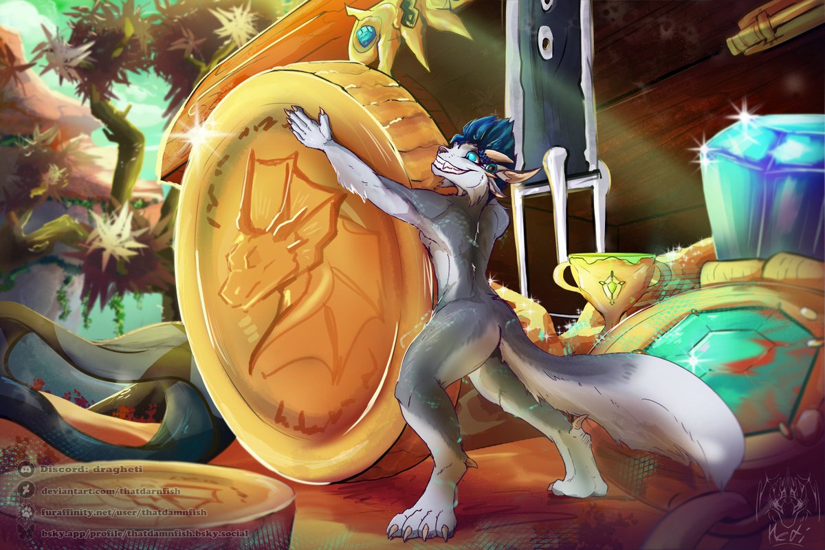 ThatDarnFish's tweet photo. ***Repost***
Never touch cursed treasure! Especially the one that was buried for centuries... Good it was just shrinking curse, but what will she do with all that gold now? 
Old commission idea for @/murtor.bsky

I think its one of my fav pieces now ^^ #micro #SizeTwitter #shrink https://t.co/ShroQ6eo1R