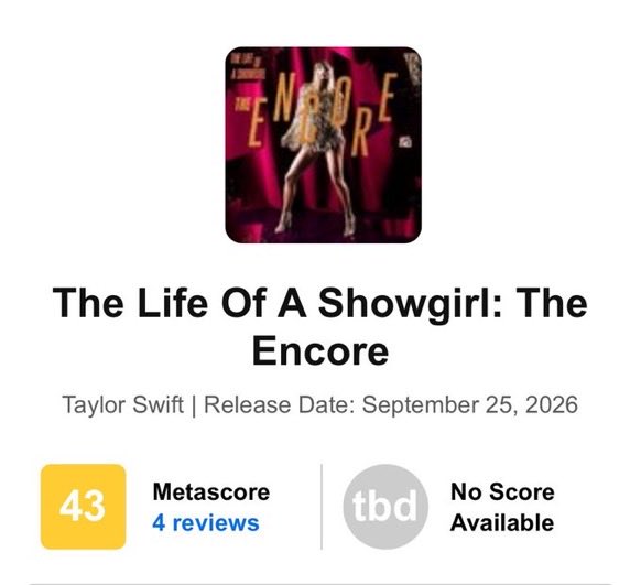 poponze's tweet photo. AMARELOU! “The Life Of A Showgirl: The Encore”, de Taylor Swift, debutou com a nota 43 no Metacritic.

— É o primeiro álbum da cantora a debutar amarelado e com o aumento de notas negativas, corre risco de avermelhar. https://t.co/H3SDeWYlqw