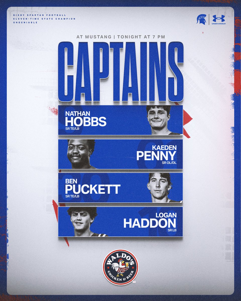 BixbySpartanFB's tweet photo. Captains for tonight's district opener, presented by @WaldoChicken.

📆 Tonight at 7:00 pm
📍 Bronco Stadium
🎟 https://t.co/dFHQWKduva
📺 https://t.co/Z4vHdJ6sGJ
📻 97.1 FM &amp; https://t.co/Mp9HyJubVO

#BixbySpartans | #Undeniable https://t.co/Uw4JuHabvX