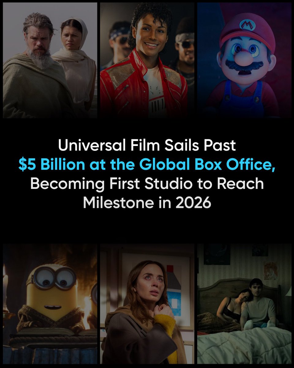NBCUniversal's tweet photo. Universal’s 2026 performance underscores the enduring power of the theatrical experience and the global reach of the Studio’s distinct slate of homegrown franchises, original stories from groundbreaking filmmakers and event films that reach audiences from all backgrounds.  https://t.co/xrLYCPuO5u