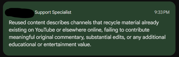 vvvvisa's tweet photo. This is bad for all livestreamers uploading their content to YouTube in different formats ⚠️

What I was just told by YouTube Support is scary, as this would make it very dangerous for any livestreamer to upload videos from their streams in multiple formats, which has been the standard for years because different viewers enjoy content in different formats.

@TeamYouTube, this would mean that livestreamers who upload their livestreamed content as:

- VODs
- Highlights
- Dedicated videos
- Clips as regular videos
- Shorts

could be in danger of getting suspended from the YouTube Partner Program, making them unable to monetize their videos anymore and forcing them to go through the appeal process.

Based on what I was told, livestreamer channels that upload the same underlying content in multiple formats could fall under the reused content policy and be disqualified from YPP.

I have permission to use all of the footage I work with. The channels I work on and with are no different from other livestreamers who have multiple channels for their content, or who have dedicated people editing and reformatting their content into different formats so it can reach different audiences.

Please look through my case. I truly believe this is a false YPP suspension.