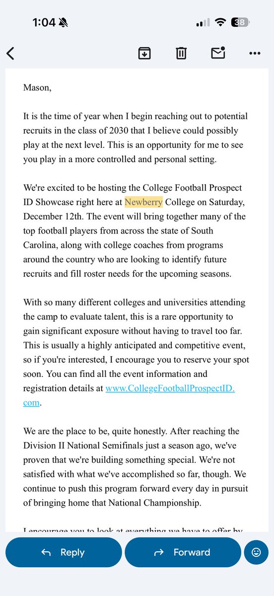 MasonBieterman's tweet photo. Thank you @Newberry_FB and @CoachKitch4 for inviting me to you’re football camp, will be attending @CoachMcManusRH @CoachHam7 @SWARM7v7 @CoachJameySmall @coachmcneely @youareathlete @NCSA_Football @shook_mark https://t.co/psa122HZTu