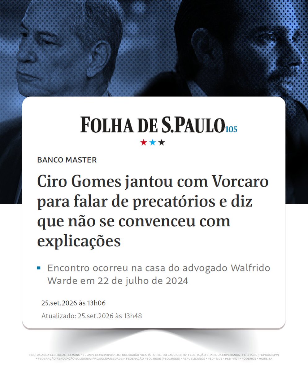 elmanooficial's tweet photo. Folha de São Paulo revela que Ciro jantou com Daniel Vorcaro, ex-banqueiro do Banco Master. Os dois ainda trocaram mensagens após o jantar. 

O que mais conversaram? Qual a relação de Ciro com Vorcaro? https://t.co/VnvSyqao65