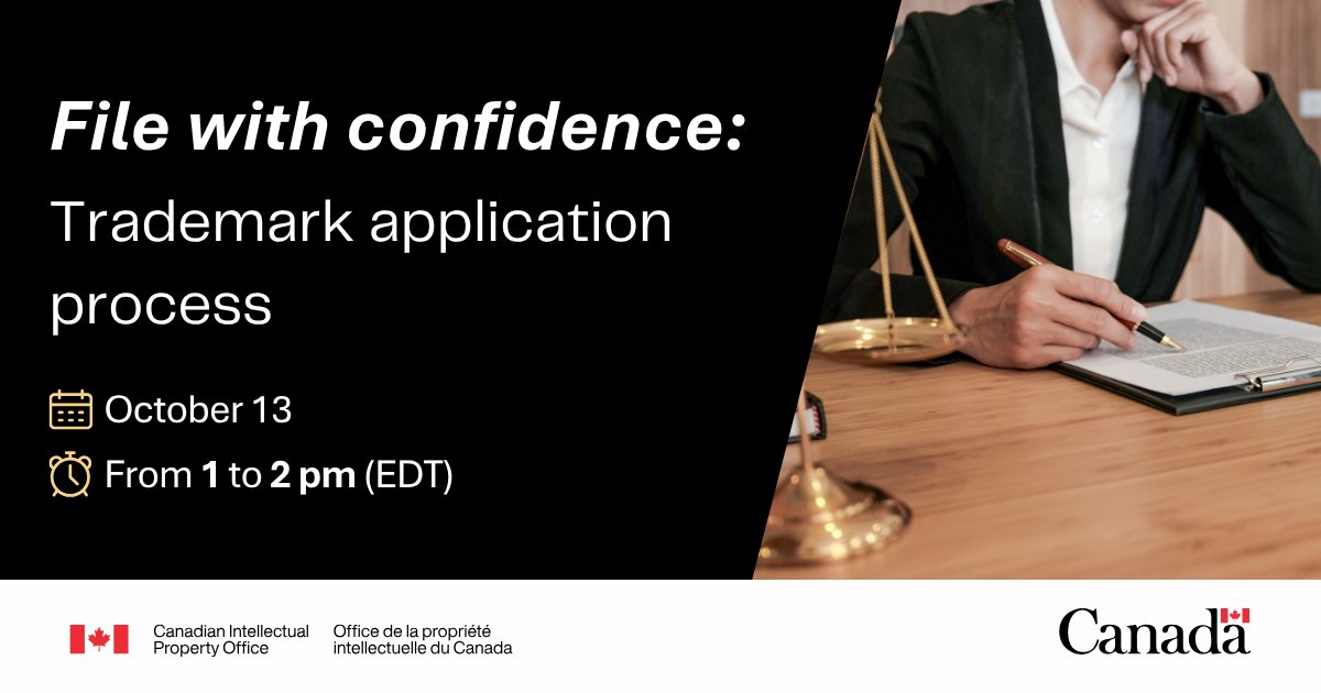 CIPO_Canada's tweet photo. Filing a trademark application? 

Join our webinar to learn how to better understand the trademark application form, common issues, examination and opposition proceedings and post-registration considerations. 📢 

Register now: https://t.co/wg4QECXTr8 https://t.co/8YSZMYHKoN