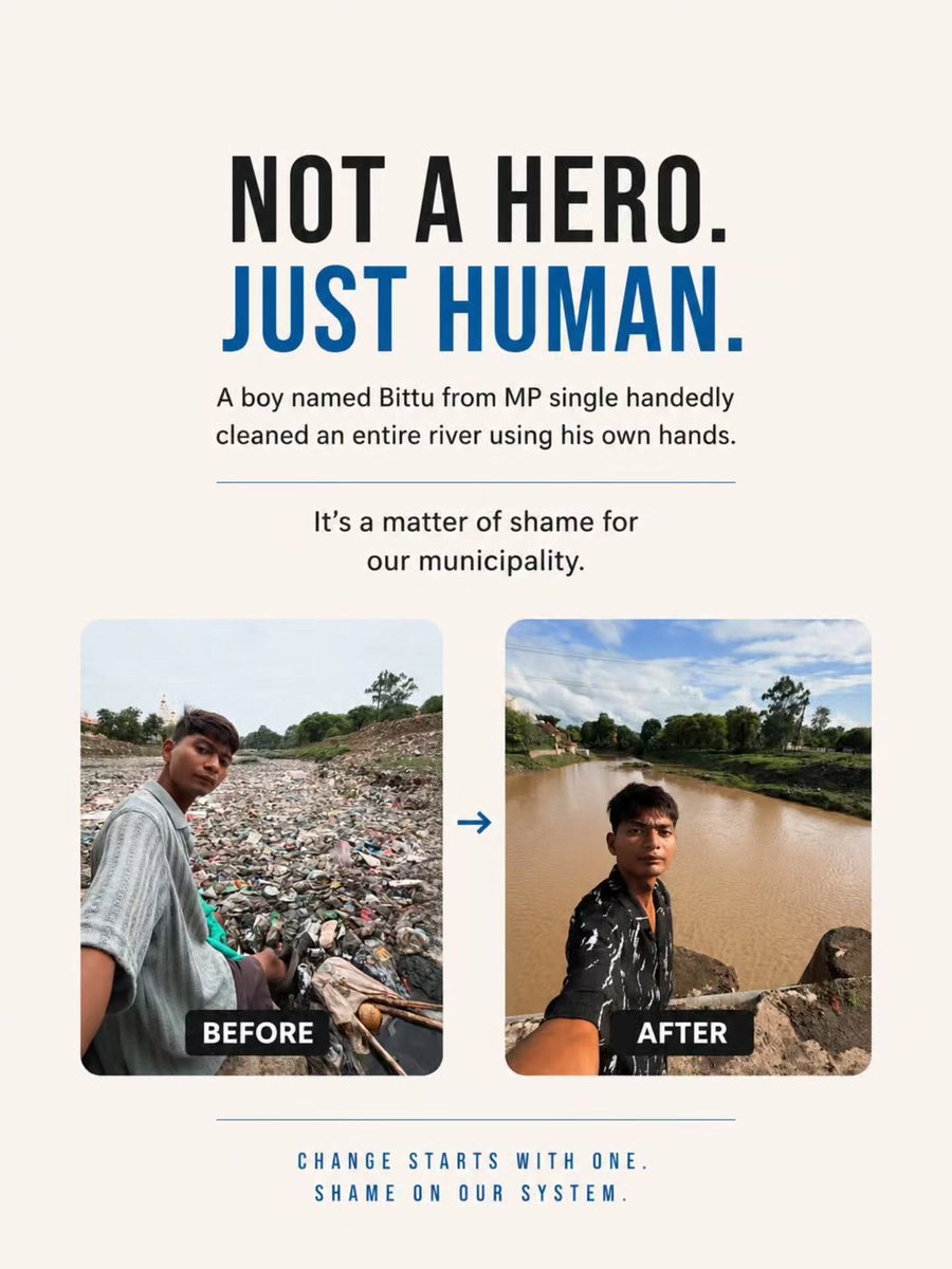 TodMccormiegk's tweet photo. At 20, Bittu Tabahi is cleaning a polluted river in his Indian village almost single-handedly. Despite infections and paying for supplies himself, he keeps returning—proving change can begin with one person. https://t.co/9Hn7C3obfL