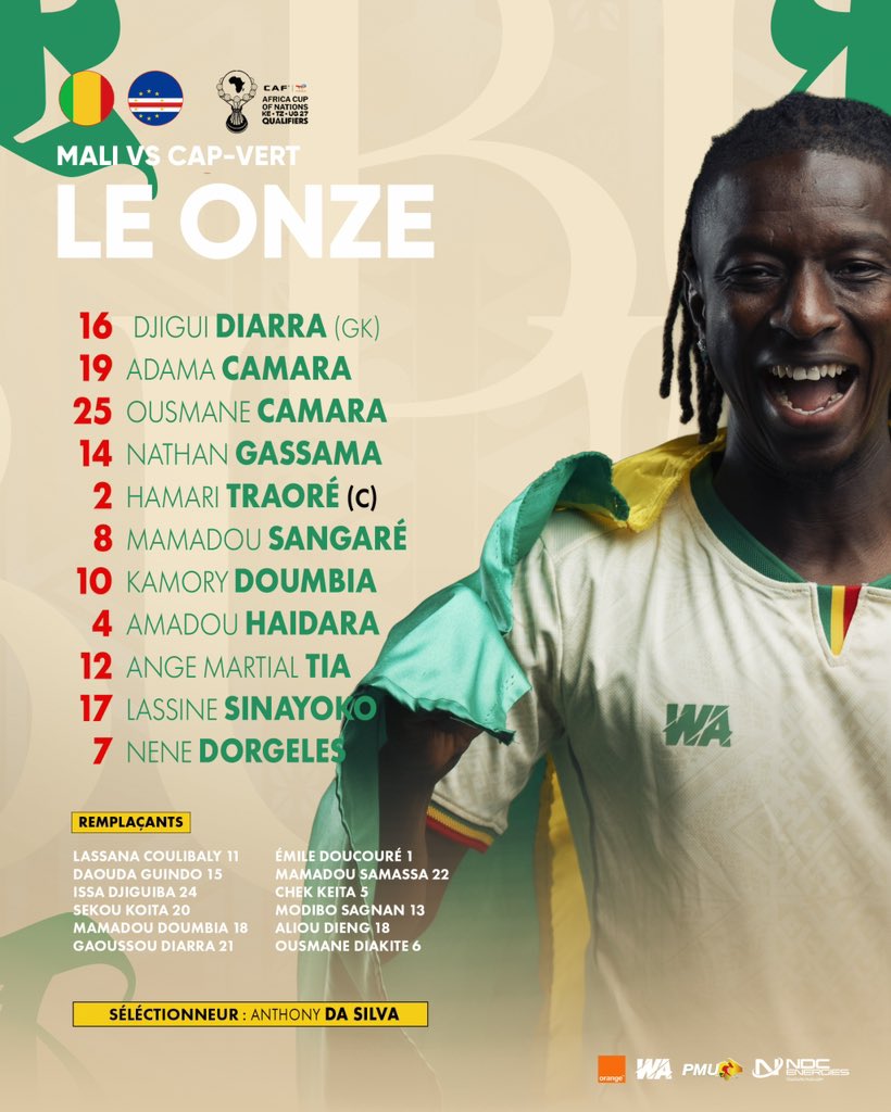 Equipesdumali's tweet photo. Le XI départ composé par Anthony Da Silva pour affronter le Cap-Vert ! 📋
#ABoraMaliLa
#MALICAPVERT
#EquipesduMali
#AFCONQ2027 https://t.co/9MBN4gNHYh
