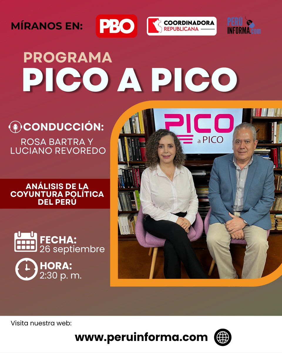 peruinforma's tweet photo. 🎙️Rosa Bartra y Luciano Revoredo analizan en “Pico a Pico” la coyuntura política nacional y los principales temas que marcan la agenda del país. 

📅 Todos los sábados
🕑 2:30 p. m.
📺 Canal: PBO 91.9 FM
🔹 Claro TV: Canal 515 (HD)
🔹 Movistar TV: Canal 735(HD) https://t.co/5iySB8wN8c